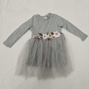 Baby Girls Long Sleeve Ribbed Knit Tulle Dress with Floral Embroidery, Grat- 12M